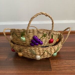 Vintage Pyrex Casserole Serving Basket Set Fruit Veggie Woven Rattan Wicker